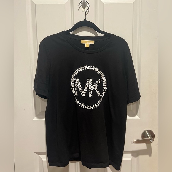 Michael Kors Black Tee with White Floral MK Design - Picture 1 of 6